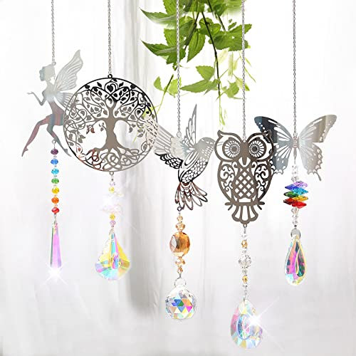 Sonnenfänger Kristall Windspiel,Baum Eulen Kolibri Schmetterling Fee Kristall Anhänger Deko,Kristalle Deko Anhänger,Sonnenfänger Hängende Fenster,Fensterdeko Hängend für Garten Outdoor Deko