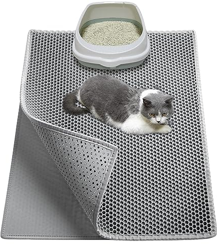 Garoopion Tappetino Lettiera Gatto, Taglia Grande 76x61cm Tappeto Lettiera Gatto, EVA Impermeabile Doppio Strato a Nido D'ape, Grigio, Un Lato Collegato