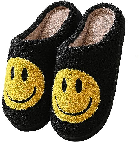 Meik Mangni Hausschuhe mit Fröhliches Gesicht Damen Herren Weicher Plüsch Hausschuhe Frauen Bequeme Warme Pantoffeln Trendiger Slipper,Schwarz Gr.40-41 EU/Sohlengröße 42-43