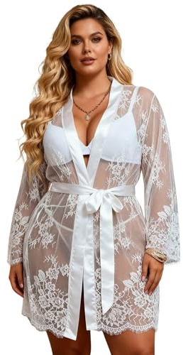 ohyeahlady Sexy Lingerie for Women Sets Lace Robe Kimono Dressing Gown with Satin Belt and G-String, Plus Size Nightwear for Boudoir Photography Beach Cover-Up, UK 8-22