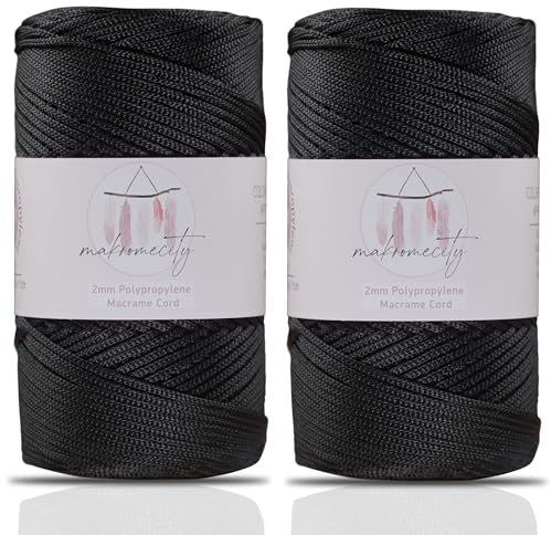 Makromecity Makramee Garn 2mm x 230m Premium Polyester Macrame Cord Polypropylene Yarn für Handwerk Wohndekorationen Platzteller Umhängetasche Handtasche Runner (Schwarz, 2 Strang)