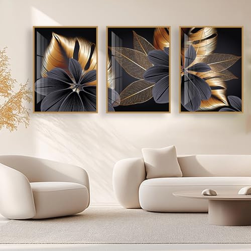 UGZDEA Abstrakte Leinwand Poster, Moderne Schwarz Gold Pflanzenblätter Kunstposter Nordischen Wohnzimmer Schlafzimmer Deko Bild-Ohne Rahmen (3x70x100cm, A)