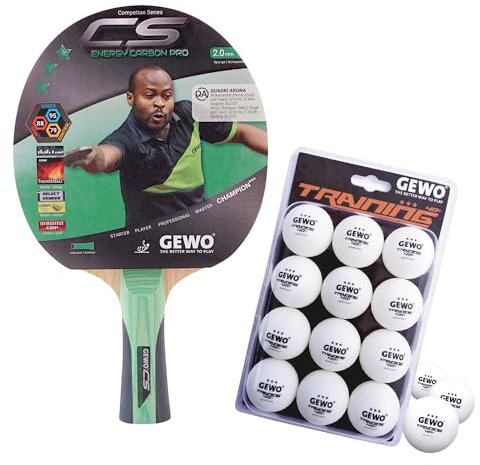 GEWO CS Energy Carbon Pro Tischtennis-Schläger & GEWO Tischtennisbälle Training 40+ - ITTF genehmigt, konkav, 2,0mm Schwamm + 3 Sterne Tischtennis-Ball, 12 Stück