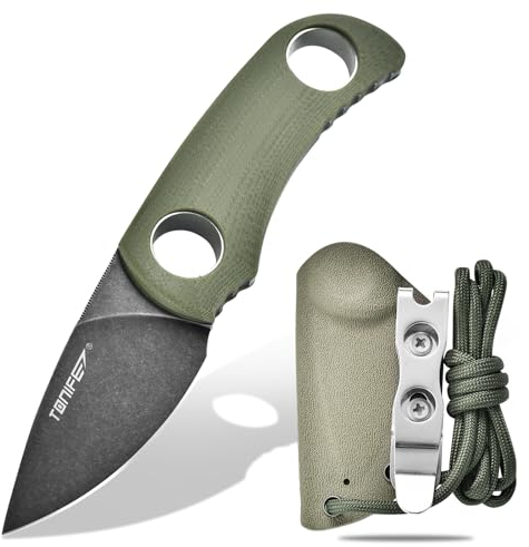 TONIFE Fixed Blade Knife 4.8cm, Mini Neck Knife with Kydex Sheath and Cord, EDC Portable Fixed Knife for Outdoor Survival (Green+Black Oxide then Stonewash)