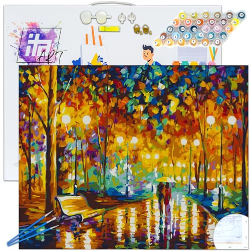 ITA Art Malen nach Zahlen Komplett Set mit Keilrahmen, Acrylfarben, Pinseln, Zubehör, Geschenkbox - DIY Gemälde Bastelset Kit mit Leinwand für Erwachsene, 30x40 cm, Das Rauschen des Regens