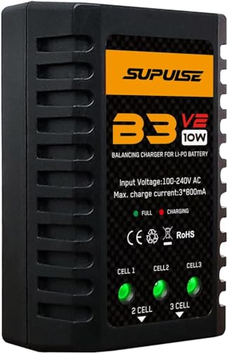 SUPULSE B3V2 Upgraded Version 10W Lipo Ladegerät für 2-3S Akku 7.4V 11.1V Lipo Charger, Kompaktes Airsoft-Schnellladegerät (100-240V) für RC Auto, RC Boot und RC Flugzeug (Europäische Ausführung)