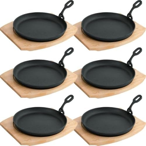 6x Servierpfanne mit Holzuntersetzer und abnehmbarem Serviergriff Ø 22 cm Gusseisen