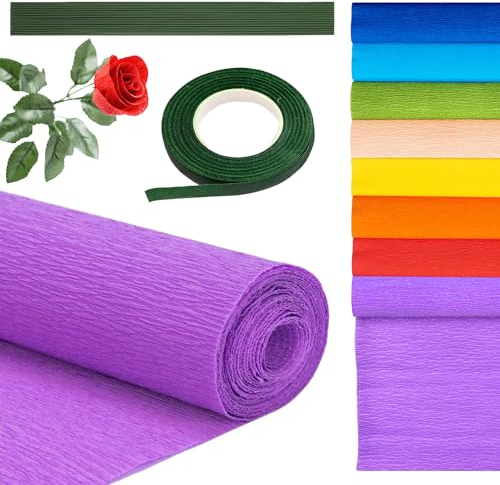8 Couleurs Papier Crépon Papier Crepon Papier Crépon pour Fleurs 25 * 250cm 1 Rouleau de Ruban Floral Vert Et 20 Tiges de Fil Floral Vert pour Créer Des Fleurs pour La Saint-Valentin