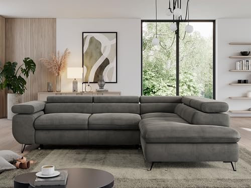 MKS MEBLE Sofa L, Wohnlandschaft L-Form mit Schlaffunktion und Bettkasten, Schlafsofa mit Bettkasten, Ecksofa, Sofa mit Einstellbare Kopfstützen, Pedro L - Dunkelgrau Velvet - Rechts