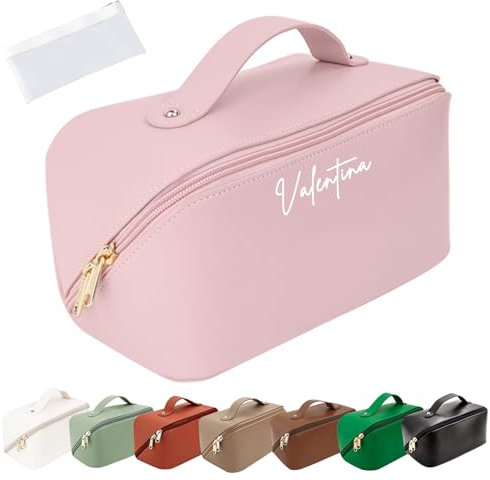 Personalized Travel Makeup Bag, Customized Large Capacity Cosmetic Bag with Printed Name Initials, PU Leather Toiletry Bag for Women, Wide Open Portable Pouch with Divider and Handle, Mothers Day