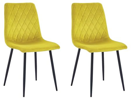 Esszimmerstühle 2er Set Hellgelb – Samt Gepolstert mit Rautensteppung – Metallbeine Schwarz – Moderne & Bequeme Polsterstühle für Küche & Wohnzimmer