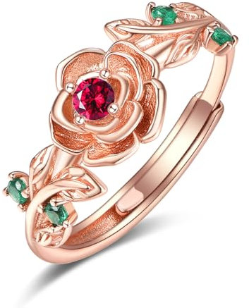 Zeuslia Rosegold Rose Ringe Silber 925 Verstellbar Rubin Ring Mit Geburtsstein Juli Schmuck Geschenke für Damen Frauen