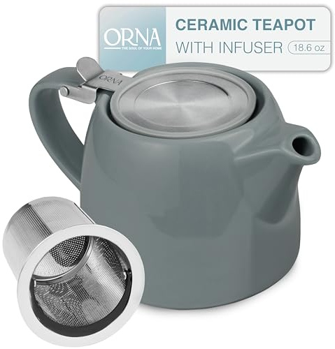 ORNA Ceramic Teapot with Tea Infuser – Small Tea Pot for Loose Leaf Tea – 550ml / 18.6 Oz Porcelain Non-Stove Teapot for 2 Cups with Tea Strainer (Grey)