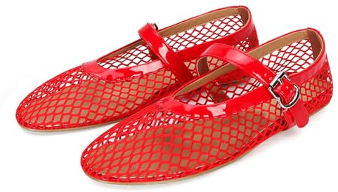 HiGropcore Mesh Ballet Flats Women, 2024 New Strappy Fishnet Buckle Flats, Sexy Mary Jane Ballerina Shoes Comfortable Dress Shoes Slip-on Loafers