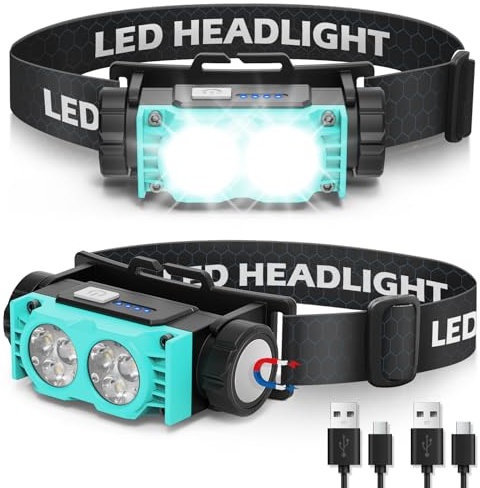 Hyted Linterna frontal recargable, 2 paquetes de faros LED superbrillantes de 2000 lúmenes, 3 modos de luz, linterna frontal impermeable para camping, correr, ciclismo, pesca (azul)