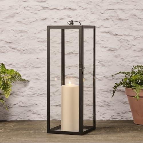 Lights4fun Extra Large 60cm Black Metal Waterproof LED Lantern with TruGlow® Candle – Battery Operated, Indoor and Outdoor Use – Elegant Inside Décor and Garden, Porch, Patio Lighting