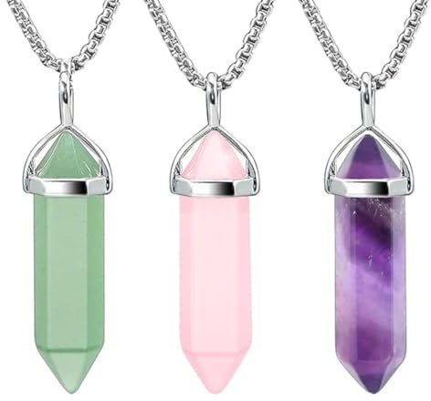 QOWIJEX 3 pezzi collana esagonale pietra punta ciondolo prisma cristallo puntato semi preziosa guarigione protezione donna ametista, quarzo rosa e crisoprasio
