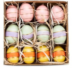 NaDeco Hühnereier, bemalt, 12 Stück, mit Hänger, in vielen Farben & mit verschiedenen Motiven erhältlich | Deko-Ostereier | Schöne Osterdeko zum Aufhängen, Farbe:Bunt Gestreift