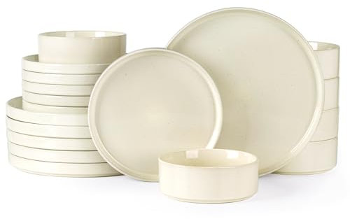 GBHOME Geschirrset für 6 Personen, 18-teiliges Steingut-Set mit gesprenkeltem Design & glasiertem Boden, kratzfest & splitterfest, spülmaschinenfest & mikrowellengeeignet,Hell Beige