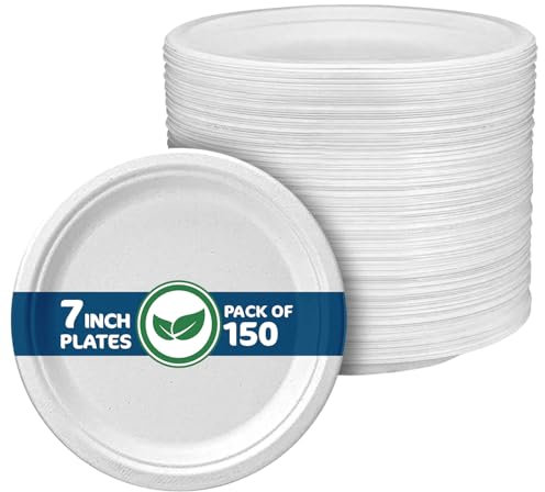 Disposable Paper Plate 7 Inch Heavy Duty Strong Bagasse Compostable Eco-Friendly Natural Sugarcane Fibers Round Plates for Hot & Cold Food Catering BirthdayDinner Party Office Picnic BBQs 200 Plates