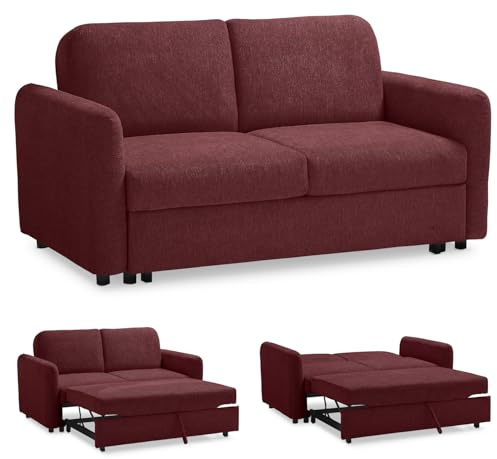 EVERGREENWEB Schlafsofa 2-Sitzer Bett, Couch mit Schlaffunktion, Bordeaux Stoff, Verstellbare Rückenlehne mit Doppelpolster, Sofa mit Ausziehbarer Chaise Longue, Faltbare Verstärkte Struktur, Nelly