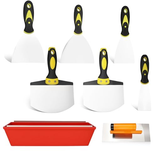 bssmmai Spachtel Set Edelstahl, 8-teiliges Spachtelkasten Edelstahl mit Silikongriff enthält Breite Spachtel, Tapeten Spachtel und 35,5 cm Länge Spachtelkasten