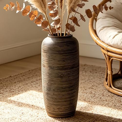 JIDOFUE Braun Große Rustikale Keramik Bodenvase, 40cm, Vintage Boho Vase für Heimdekoration, Texturierte Terrakotta Vase für Wohnzimmer, Regal oder Eingangsbereich