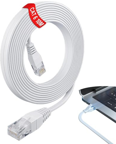 Ailah Câble Ethernet Plat Cat 6 Blanc 10 m, câble ethernet RJ45 haut débit pour internet et réseau, câble LAN Gigabit compatible routeur, PC, TV, console, modem, installation facile et discrète