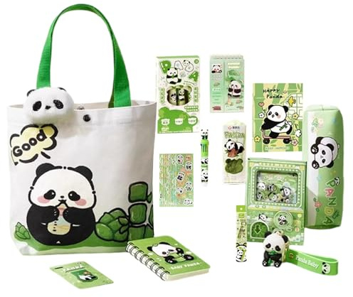 Panda Schulbedarf – Niedliches Briefpapier-Set, Magnetisches Lesezeichen, Federmäppchen, Brosche, Notizbücher, Stifte, Radiergummi, Lineal, Haftnotizen, Studienorganisator | Entzückendes Briefpapier-S