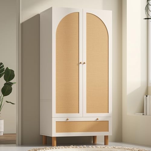 Wiuzo Kleiderschrank Garderobenschrank mit 2 Türen & Rattan, Landhausstil Weiß mit großer Schublade, höhenverstellbaren Regalen & Kleiderstange, Inkl. Kippsicherung, 180x85x52 cm (H/B/T)