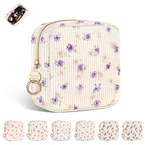 Petite Trousse Maquillage Femme Mini Trousse de Toilette Fille Voyage en Velours Côtelé Petit Pochette Maquillages Multifonctionnel Sac Rangement à Cosmétiques Cadeau Anniversaire Noël(Rose-Violet)