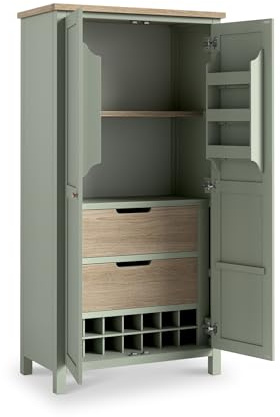 RoselandFurniture Farro Sage Green Kitchen Larder Cabinet for Dining Room | 2 Door Storage, Wooden Pantry Cupboard with Wine Rack, Washed Oak Top, Modern Farmhouse Style, H185cm W95cm D50cm