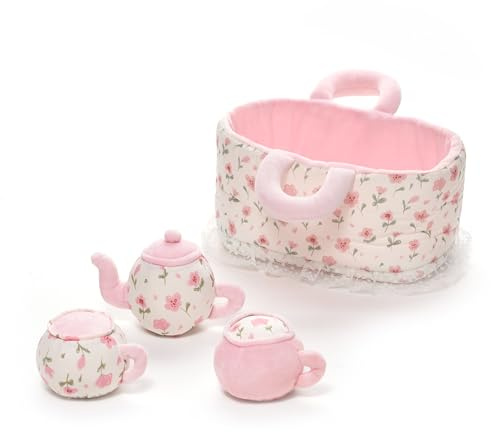 LeyaDoll Tea Set for Toddlers, Baby Doll Carrier for Girls Ages 2-4 | Pink tea party play set with teapot, cups and cradle accessories, princess toys and birthday gift for girls ages 2+.