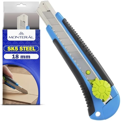 Taglierino Professionale 18 mm con Lama in Acciaio SK5 - Cutter Professionale con Sistema di Blocco Rotante della Lama - MONTERAL