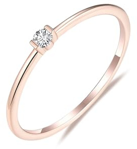 Stfery Diamantring 9 Kt Rotgold Stapelring mit Solitär Echt Gold, Damen Antragsring Naturdiamant 0.04ct Au375 Gr.54 (17.2)