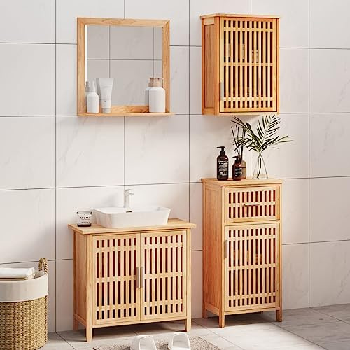 Hoopleep 4-TLG. Badmöbel-Set Massivholz Nussbaum, Öl-Finish, Badezimmer Schrank Kombination, 42x29x82 cm Standschrank, Waschtischplatte Aufbewahrung, modern