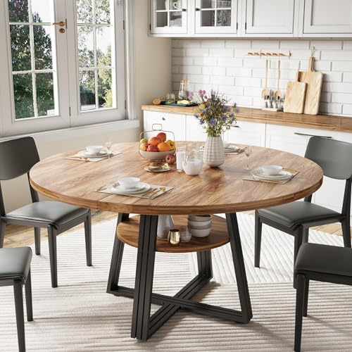 Garvee Moderner runder Essenztisch 120 cm für 4–6 Personen – Farmhouse-Stil mit Ablage – Stabiler Holztisch mit Metallbeinen – Platzsparend für Küche, Essenzzimmer, Wohnzimmer oder Wohnung – Helles