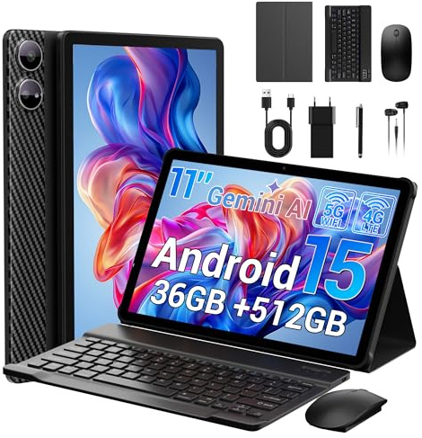 Tablet 11 Inch Android 15 Tablet with SIM Slot,4G LTE and 5G WiFi,36GB RAM+512GB ROM/9580mAh /20W/Face ID/GPS/BT 5.0/TÜV/USB-C,Tablets with Keyboard,Mouse,Black