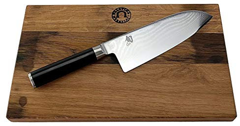 KAI Shun Classic Angebotsset, japanisches Santoku DM-0717 mit 19 cm Damastklinge + großes massives Fassholzbrett, 34x21 cm