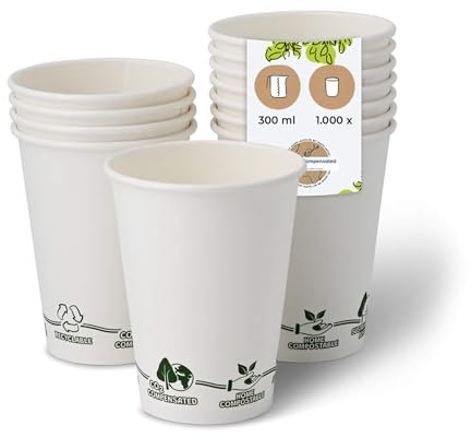BIOZOYG 1000 Stück Kaffeebecher Pappbecher 300ml / 12 oz Ø 90 mm weiß mit Umweltmotiv - Einwegbecher plastikfrei - Becher aus nachhaltiger Forstwirtschaft - Kaffeebecher Einweg