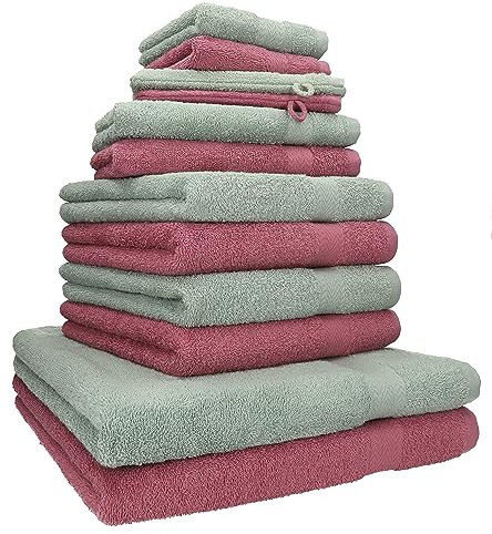 Betz 12-TLG. Handtuch Set Premium 100% Baumwolle 2 Duschtücher 4 Handtücher 2 Gästetücher 2 Seiftücher 2 Waschhandschuhe Farbe Beere/heugrün