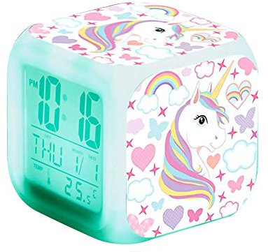 Fitwish Ototon Réveil Numérique Licorne pour Enfants Multicolore Cube LED de Nuit Horloge de Chevet pour Enfants Cadeau Anniversaire