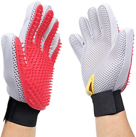 Merauno® Fellpflegehandschuh Tierhaarentferner Bürste Massage Fellpflege Grooming Glove Hund Katze Massageffekt & Deckhaarschutz (Rot, 2 Handschuhe (EIN Paar))