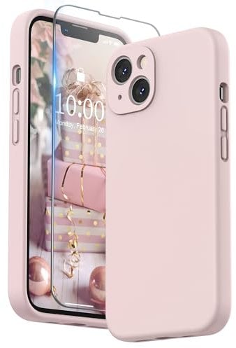SURPHY Compatible with iPhone 13 Case with Screen Protector, Liquid Silicone Protection for Each Lens Shockproof Thickened Rubber Cover for iPhone 13 6.1 inch 2021, Pink