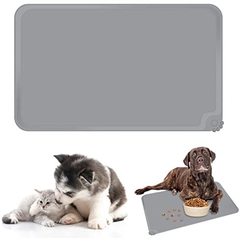Dog Cat Food Mat, Silicone Dog Bowl Mat, Non Slip Waterproof Pet Feeding Mat,Cat Dog Food Mat and Water Bowls Mat Silicone Pet Food Mat(47x30cm, Grey)