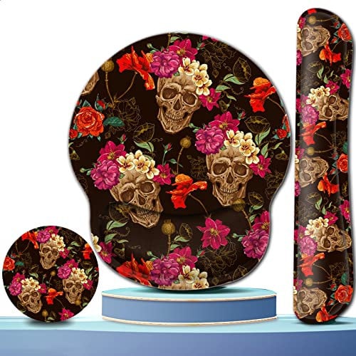 Gel Mouse Pad Wrist Support and Memory Foam Keyboard Wrist Rest in Office Accessories Set for Office, Computer, Laptop,Comfortable, Lightweight for Easy Typing Pain Relief,Rose Flower Skull Desk pad