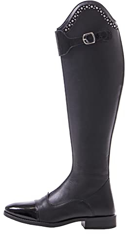 QHP Damen Leder-Reitstiefel Dorah Adult weit RV vorne Lack- und Strassdetails (schwarz, numeric_40)