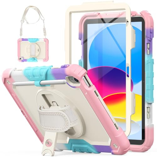 SEYMCY Kids Case for iPad (A16) 11th/10th Generation 2025 (11 inch)/2022 (10.9 inch), Full-body Shockproof with Screen Protector, Rotating Stand & Hand Strap, Carrying Strap, Pencil Holder, Pink