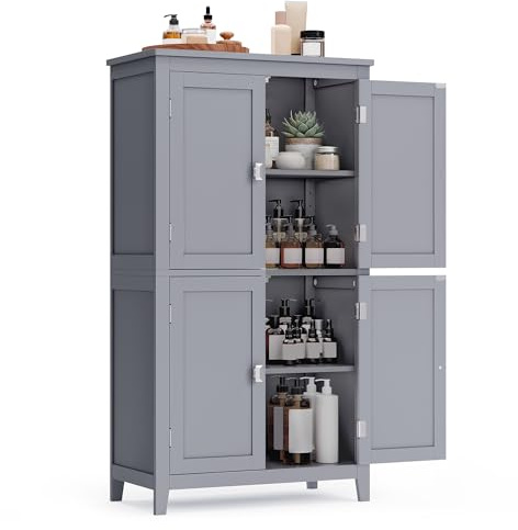 VASAGLE Floor Storage Cabinet, Freestanding Storage Unit with 4 Doors, Adjustable Shelves, 11.8 x 23.6 x 43.3 Inches, for Entryway, Bathroom, Dove Gray UBBC552P36V1
