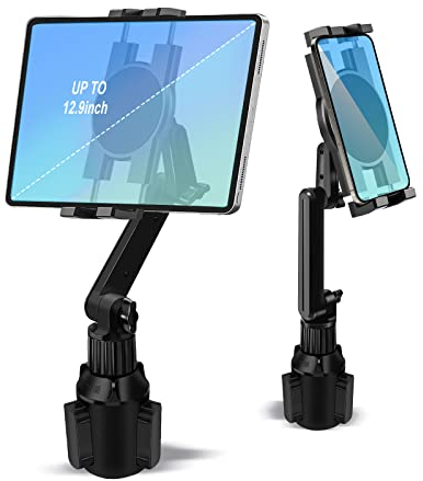 Cup Holder Car Tablet Mount for Truck, 360° Adjustable 15 Long 2-Arm Stand Holder for iPad Pro 12.9/11/10.5/9.7/Air/Mini 6/5/4, Samsung Galaxy Tab/Z Fold 4/3, iPhone 15/14/Pro, 4.7-12.9 Tab &Phone